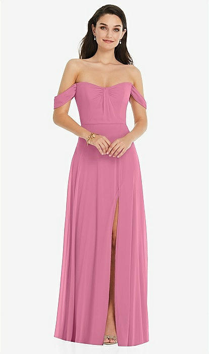 Off the shoulder Draped Sleeve Maxi Bridesmaid Dress With Front Slit In Orchid Pink The Dessy Group