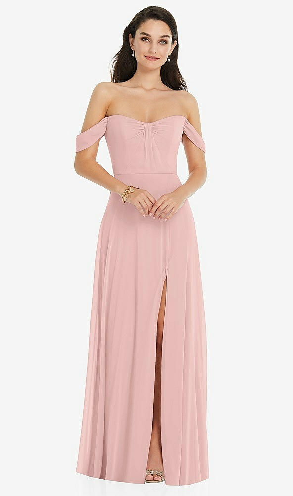 Front View - Rose - PANTONE Rose Quartz Off-the-Shoulder Draped Sleeve Maxi Dress with Front Slit