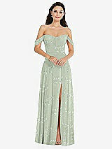 Front View Thumbnail - Vintage Primrose Sage Off-the-Shoulder Draped Sleeve Maxi Dress with Front Slit