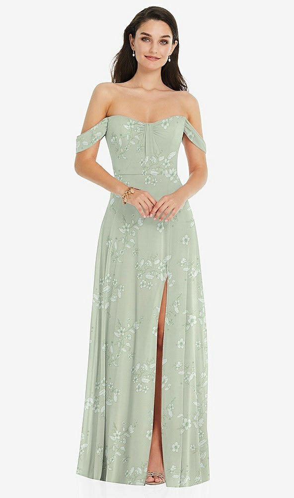 Front View - Vintage Primrose Sage Off-the-Shoulder Draped Sleeve Maxi Dress with Front Slit