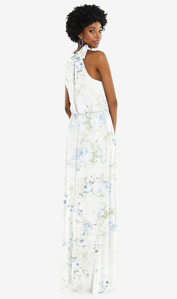 Back View - Bleu Garden Scarf Tie High Neck Blouson Bodice Maxi Dress with Front Slit