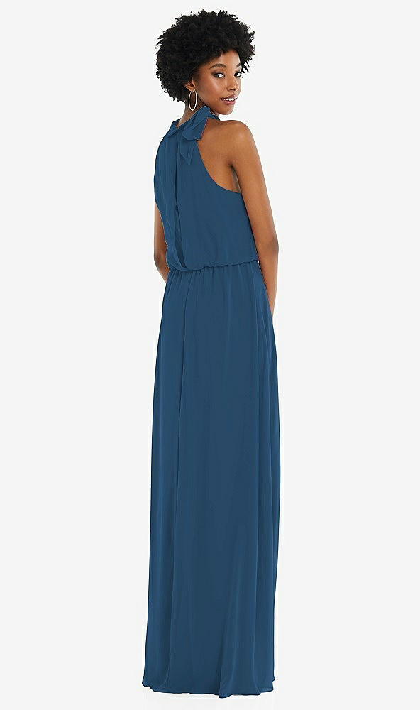 Back View - Dusk Blue Scarf Tie High Neck Blouson Bodice Maxi Dress with Front Slit