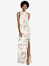 Front View Thumbnail - Blush Garden Scarf Tie High Neck Blouson Bodice Maxi Dress with Front Slit