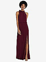 Front View Thumbnail - Cabernet Scarf Tie High Neck Blouson Bodice Maxi Dress with Front Slit