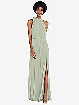 Front View Thumbnail - Celadon Scarf Tie High Neck Blouson Bodice Maxi Dress with Front Slit