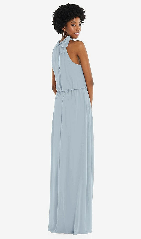 Back View - Mist Scarf Tie High Neck Blouson Bodice Maxi Dress with Front Slit