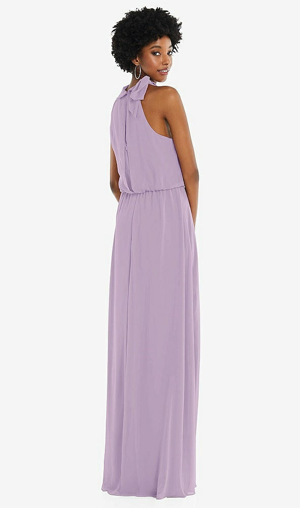 Back View - Pale Purple Scarf Tie High Neck Blouson Bodice Maxi Dress with Front Slit