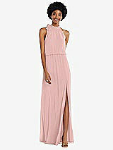 Front View Thumbnail - Rose Quartz Scarf Tie High Neck Blouson Bodice Maxi Dress with Front Slit