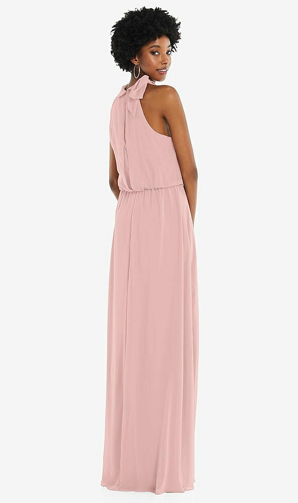 Back View - Rose Quartz Scarf Tie High Neck Blouson Bodice Maxi Dress with Front Slit