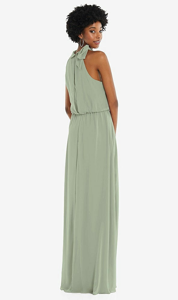 Back View - Sage Scarf Tie High Neck Blouson Bodice Maxi Dress with Front Slit