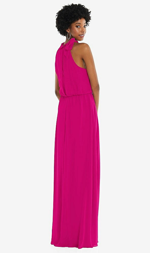 Back View - Think Pink Scarf Tie High Neck Blouson Bodice Maxi Dress with Front Slit