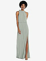 Front View Thumbnail - Willow Green Scarf Tie High Neck Blouson Bodice Maxi Dress with Front Slit