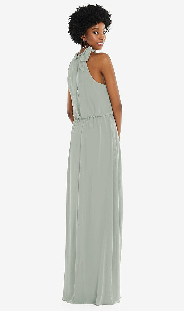 Back View - Willow Green Scarf Tie High Neck Blouson Bodice Maxi Dress with Front Slit