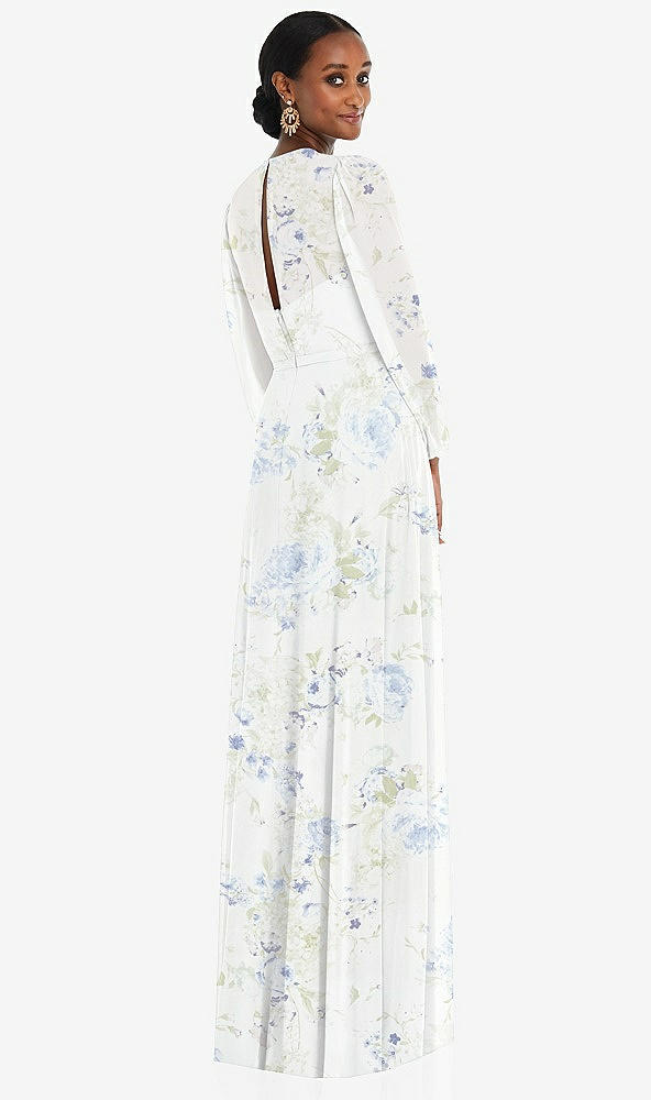 Back View - Bleu Garden Strapless Chiffon Maxi Dress with Puff Sleeve Blouson Overlay 