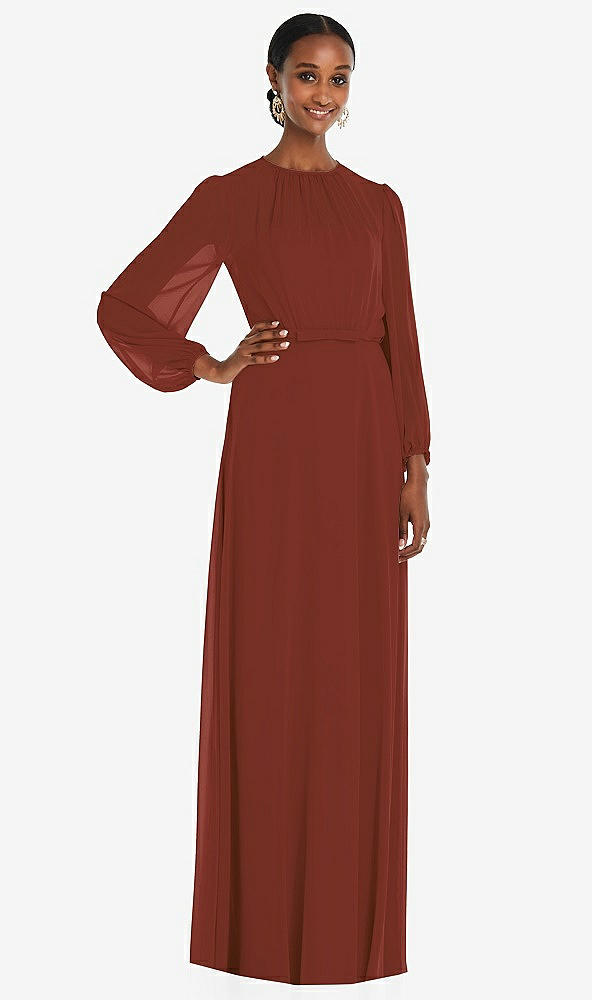 Front View - Auburn Moon Strapless Chiffon Maxi Dress with Puff Sleeve Blouson Overlay 