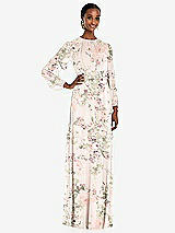 Front View Thumbnail - Blush Garden Strapless Chiffon Maxi Dress with Puff Sleeve Blouson Overlay 