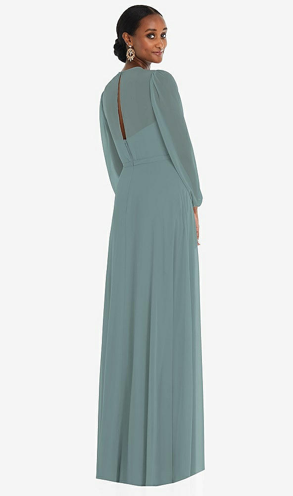 Back View - Icelandic Strapless Chiffon Maxi Dress with Puff Sleeve Blouson Overlay 