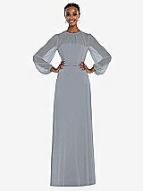 Alt View 1 Thumbnail - Platinum Strapless Chiffon Maxi Dress with Puff Sleeve Blouson Overlay 