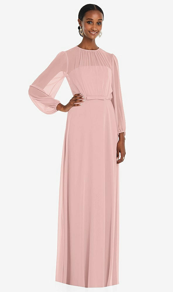 Front View - Rose - PANTONE Rose Quartz Strapless Chiffon Maxi Dress with Puff Sleeve Blouson Overlay 