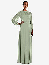 Front View Thumbnail - Sage Strapless Chiffon Maxi Dress with Puff Sleeve Blouson Overlay 