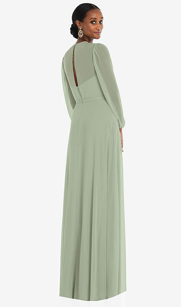 Back View - Sage Strapless Chiffon Maxi Dress with Puff Sleeve Blouson Overlay 