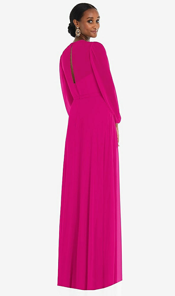 Back View - Think Pink Strapless Chiffon Maxi Dress with Puff Sleeve Blouson Overlay 