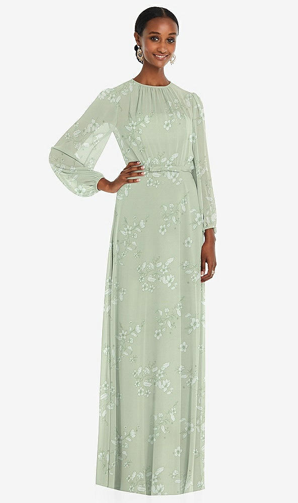 Front View - Vintage Primrose Sage Strapless Chiffon Maxi Dress with Puff Sleeve Blouson Overlay 