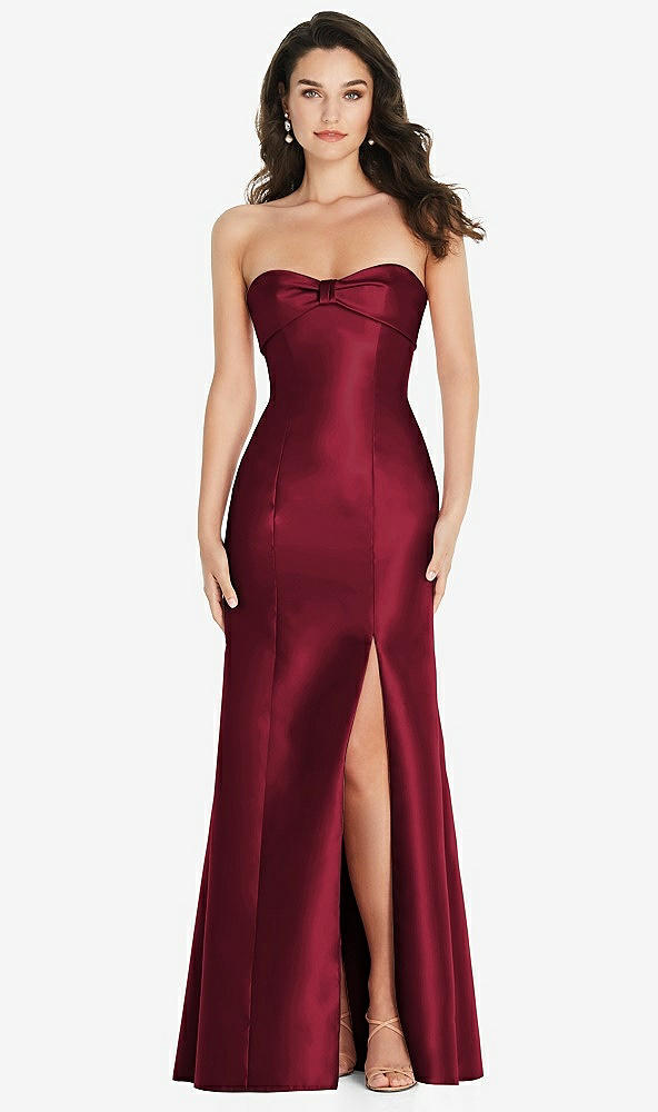 Front View - Burgundy Bow Cuff Strapless Princess Waist Trumpet Gown