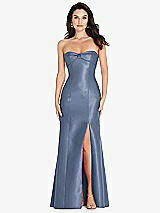 Front View Thumbnail - Larkspur Blue Bow Cuff Strapless Princess Waist Trumpet Gown