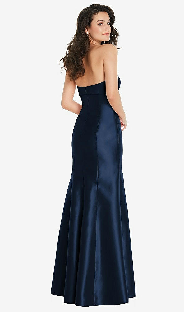 Back View - Midnight Navy Bow Cuff Strapless Princess Waist Trumpet Gown