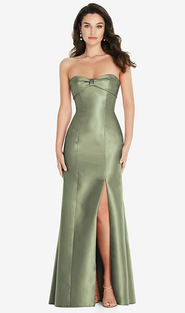 Front View - Sage Bow Cuff Strapless Princess Waist Trumpet Gown