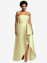 Front View Thumbnail - Butter Yellow Strapless Satin Gown with Draped Front Slit and Pockets