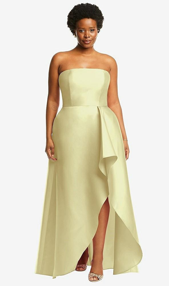 Front View - Butter Yellow Strapless Satin Gown with Draped Front Slit and Pockets