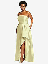 Side View Thumbnail - Butter Yellow Strapless Satin Gown with Draped Front Slit and Pockets