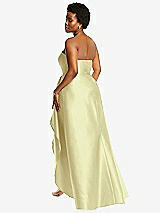 Rear View Thumbnail - Butter Yellow Strapless Satin Gown with Draped Front Slit and Pockets