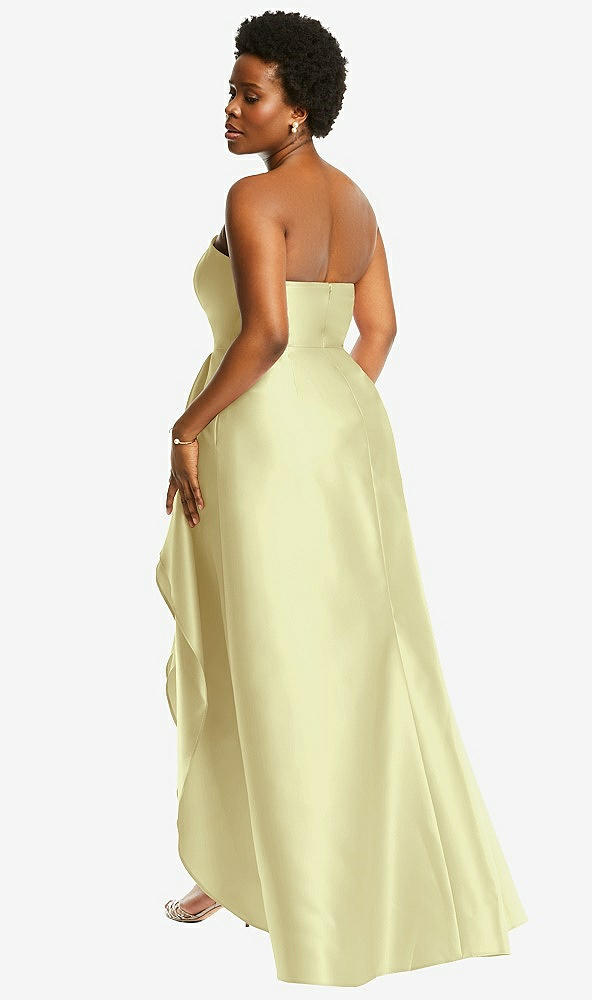 Back View - Butter Yellow Strapless Satin Gown with Draped Front Slit and Pockets