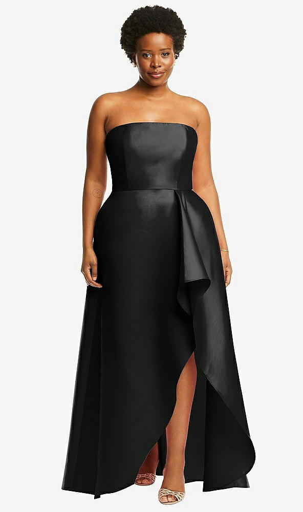 Front View - Black Strapless Satin Gown with Draped Front Slit and Pockets