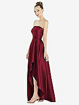 Alt View 2 Thumbnail - Burgundy Strapless Satin Gown with Draped Front Slit and Pockets