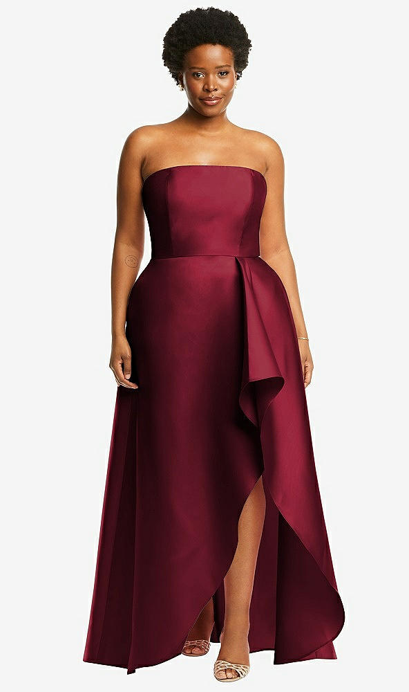 Front View - Burgundy Strapless Satin Gown with Draped Front Slit and Pockets