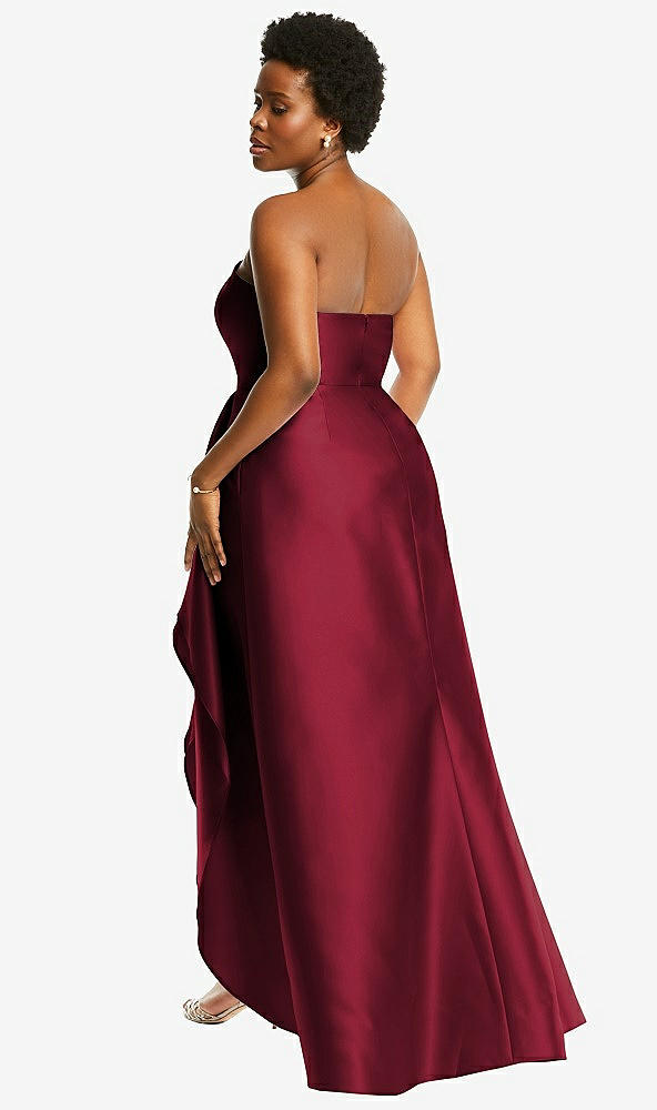 Back View - Burgundy Strapless Satin Gown with Draped Front Slit and Pockets