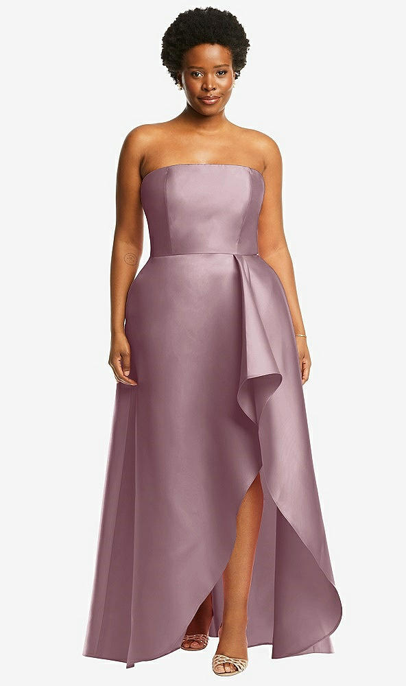 Front View - Dusty Rose Strapless Satin Gown with Draped Front Slit and Pockets