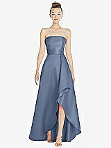 Alt View 1 Thumbnail - Larkspur Blue Strapless Satin Gown with Draped Front Slit and Pockets