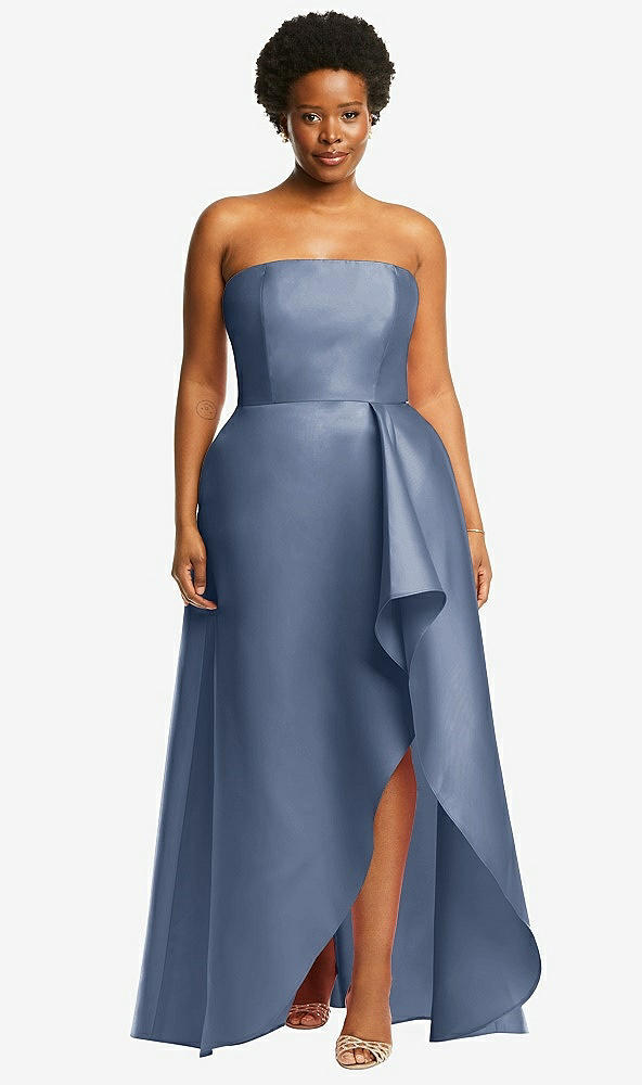 Front View - Larkspur Blue Strapless Satin Gown with Draped Front Slit and Pockets