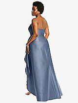 Rear View Thumbnail - Larkspur Blue Strapless Satin Gown with Draped Front Slit and Pockets