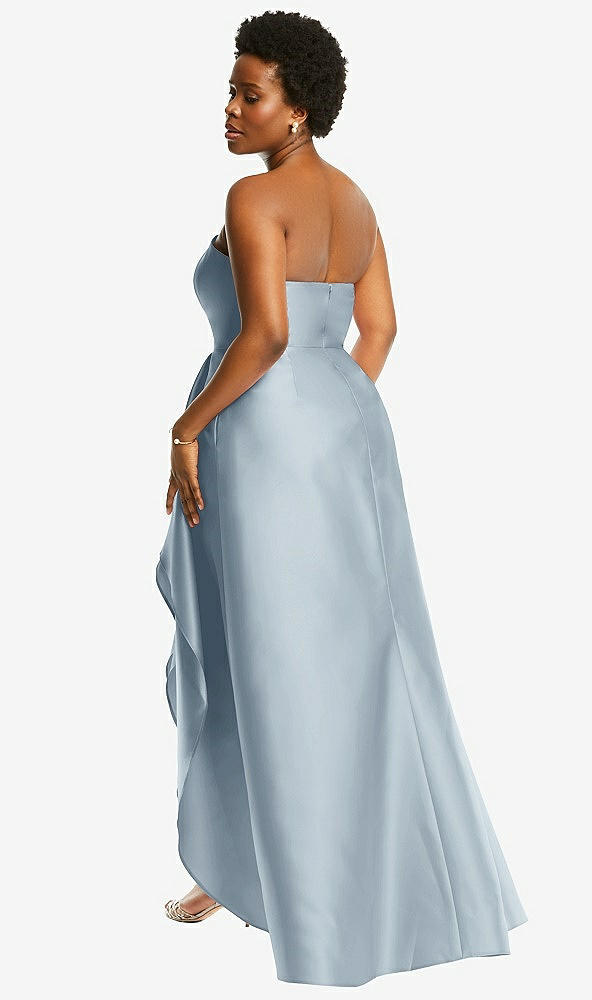 Back View - Mist Strapless Satin Gown with Draped Front Slit and Pockets