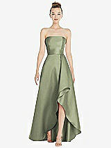 Alt View 1 Thumbnail - Sage Strapless Satin Gown with Draped Front Slit and Pockets