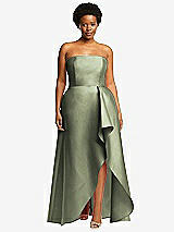 Front View Thumbnail - Sage Strapless Satin Gown with Draped Front Slit and Pockets