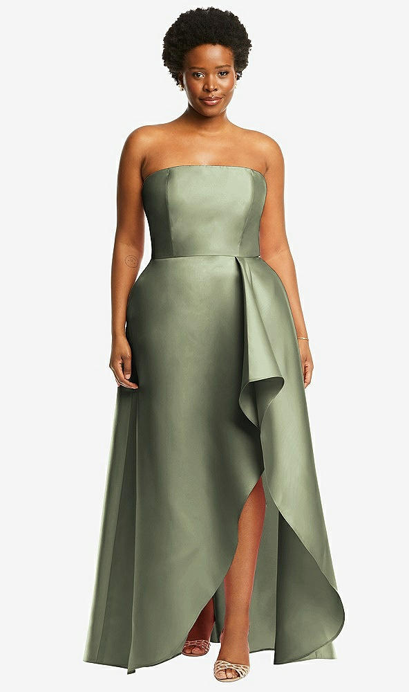 Front View - Sage Strapless Satin Gown with Draped Front Slit and Pockets