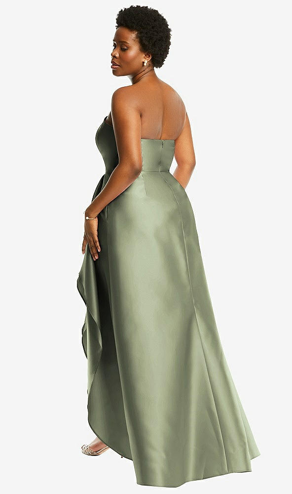 Back View - Sage Strapless Satin Gown with Draped Front Slit and Pockets