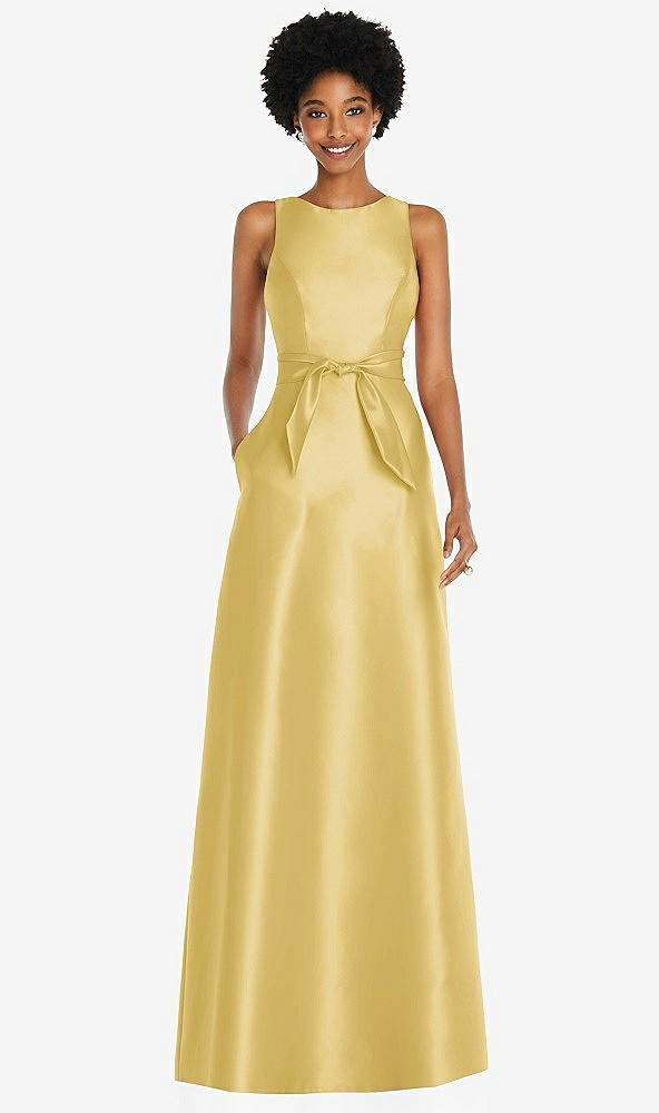 Front View - Maize Jewel-Neck V-Back Maxi Dress with Mini Sash